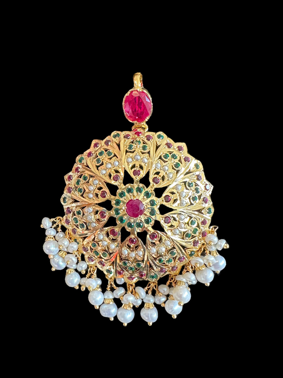 Ruby Emerald Freshwater Pearl Pendant Set in Gold-Plated Silver
 ( SHIPS IN 5 WEEKS  )