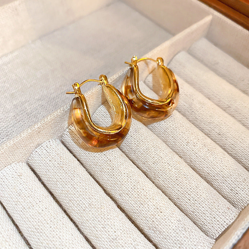 Vintage Brown Resin Round Stud Earrings, Maillard Style Silver Texture Geometric Earrings, Retro Luxury Fashion Jewelry For Women, Gift For Her