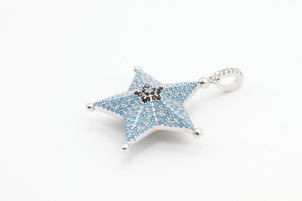 CZ Micro Pave 28x36mm Turquoise Star Pendant/Charm, Cubic Zirconia Pendant/Charm for Necklace Bracelet, Fashion Jewelry Findings, sku#F5