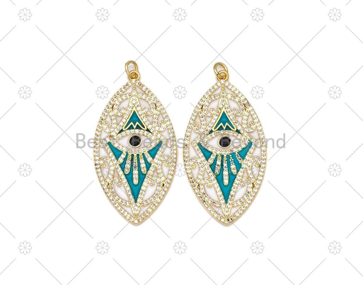 CZ Micro Pave Turquoise Enamel Evil Eye On Oval Leaf Shape Pendant, 18K Gold Filled Evil Eye Charm, Necklace Pendant,22x42mm, Sku#L631