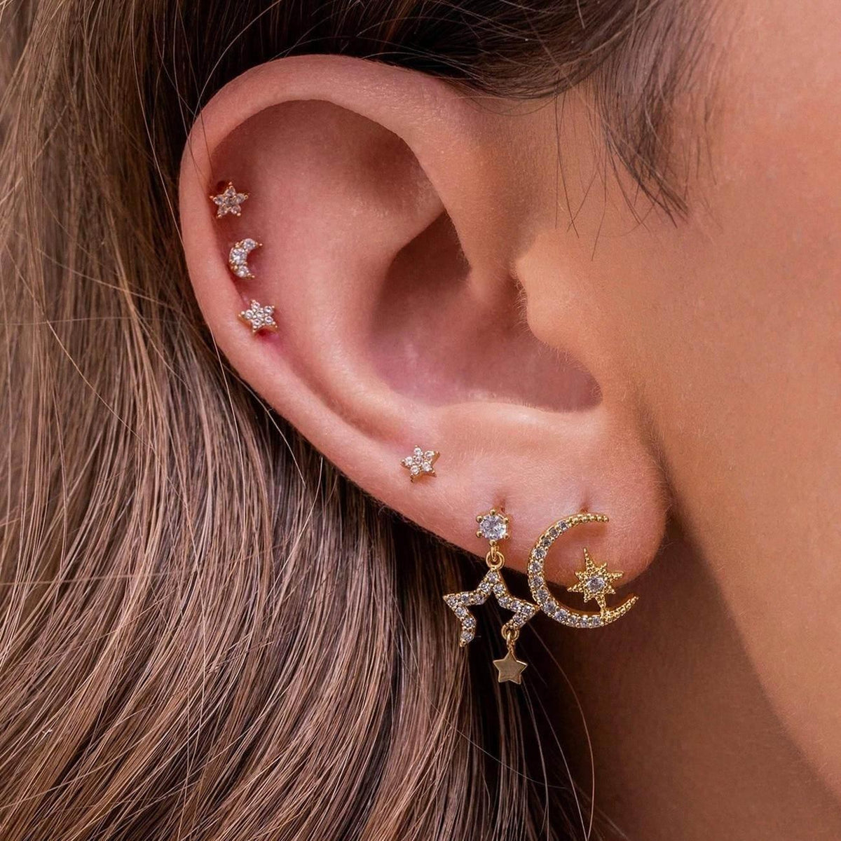 Stacking 6 Pieces Celestial Star & Moon Earring Set, 18k Gold Plated Stud & Drop, S925 Needle, Stacked Lobe Designs with Dazzling Zirconia