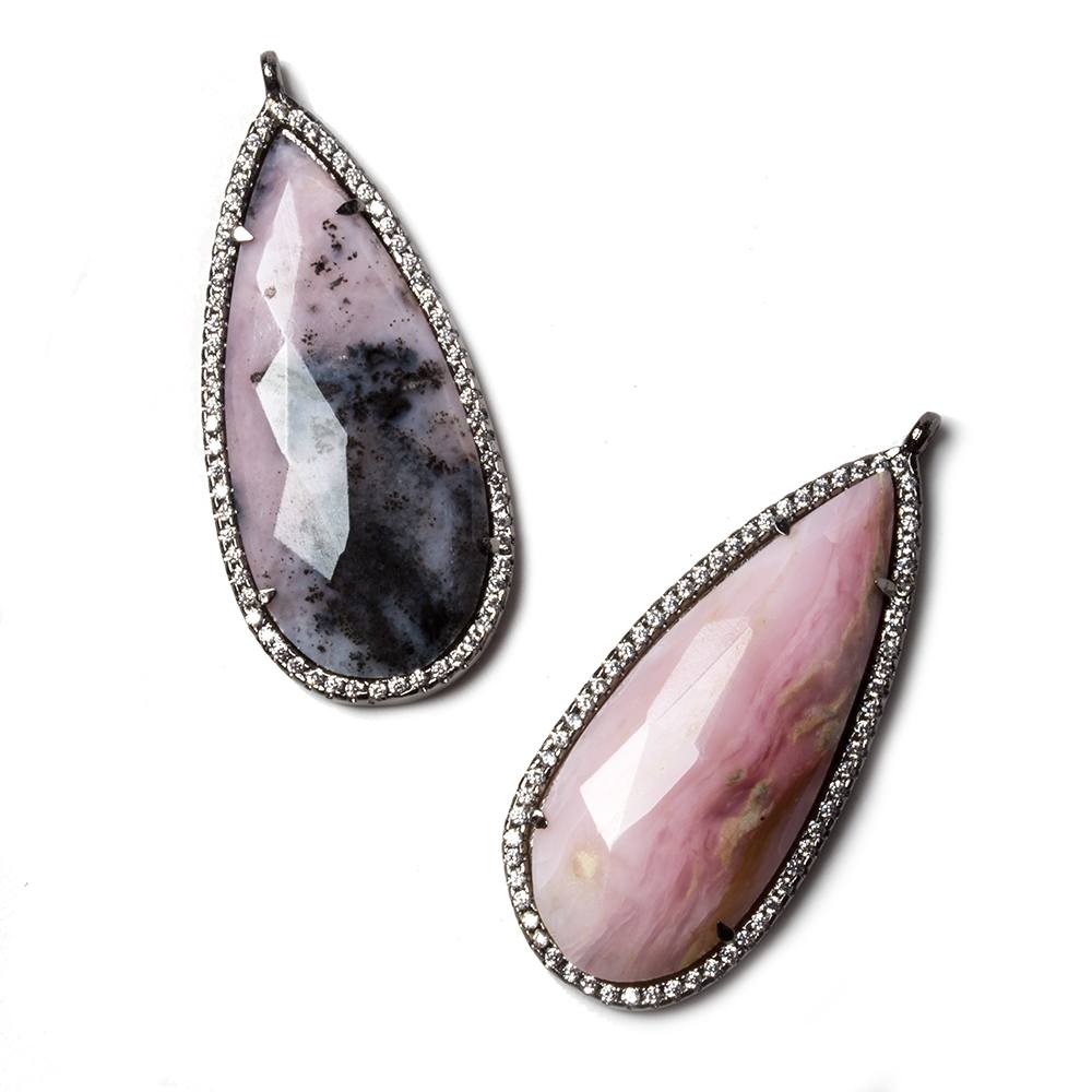 39x17mm Black Gold Bezeled White CZ & Pink Peru Opal Pear Pendant 1 pc