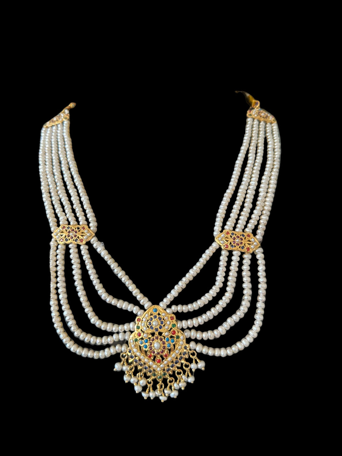 Navratan gold plated silver necklace with earrings in fresh water pearls ( SHIPS IN 5 WEEKS  )
