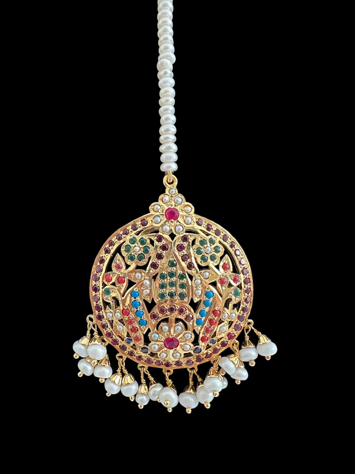 Navratan tika in silver with fresh water pearls - gold plated ( SHIPS INN5 WEEKS )