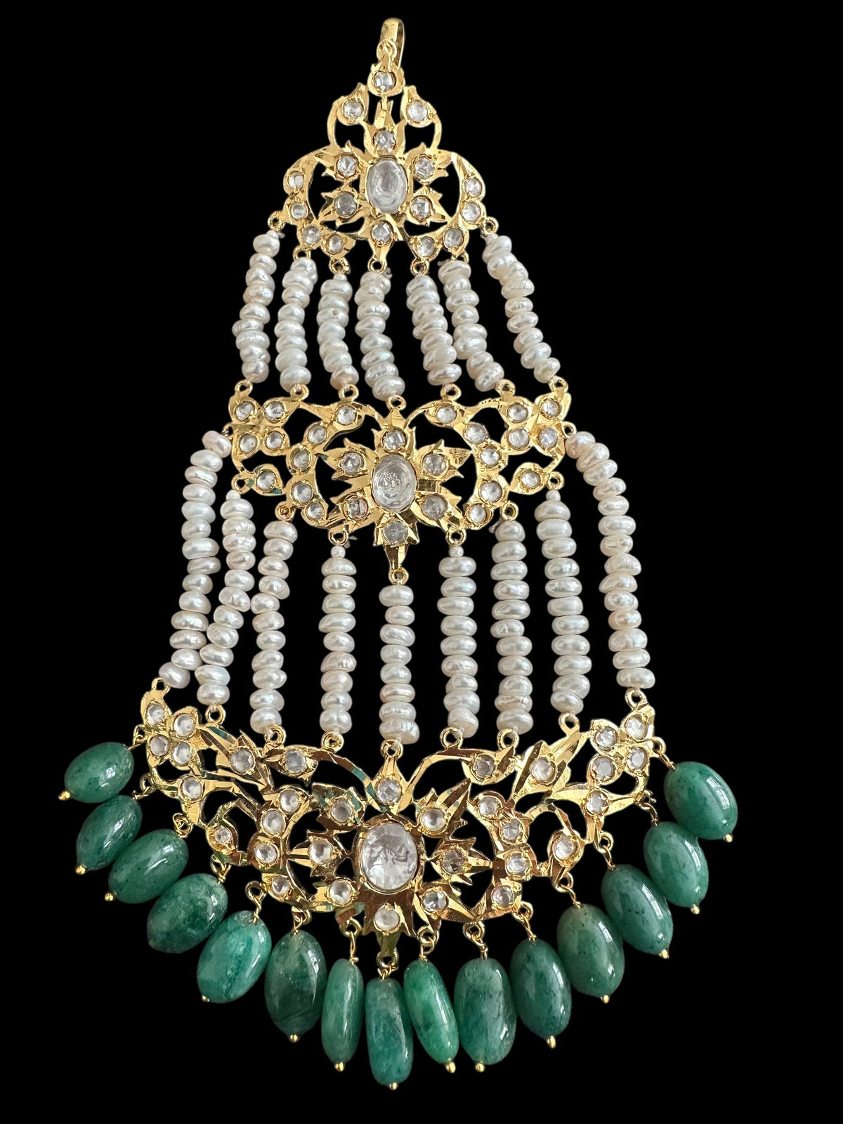 JTK19 Insha hyderabadi jhoomar tika in emeralds and fresh water pearls ( SHIPS IN 2 WEEKS )