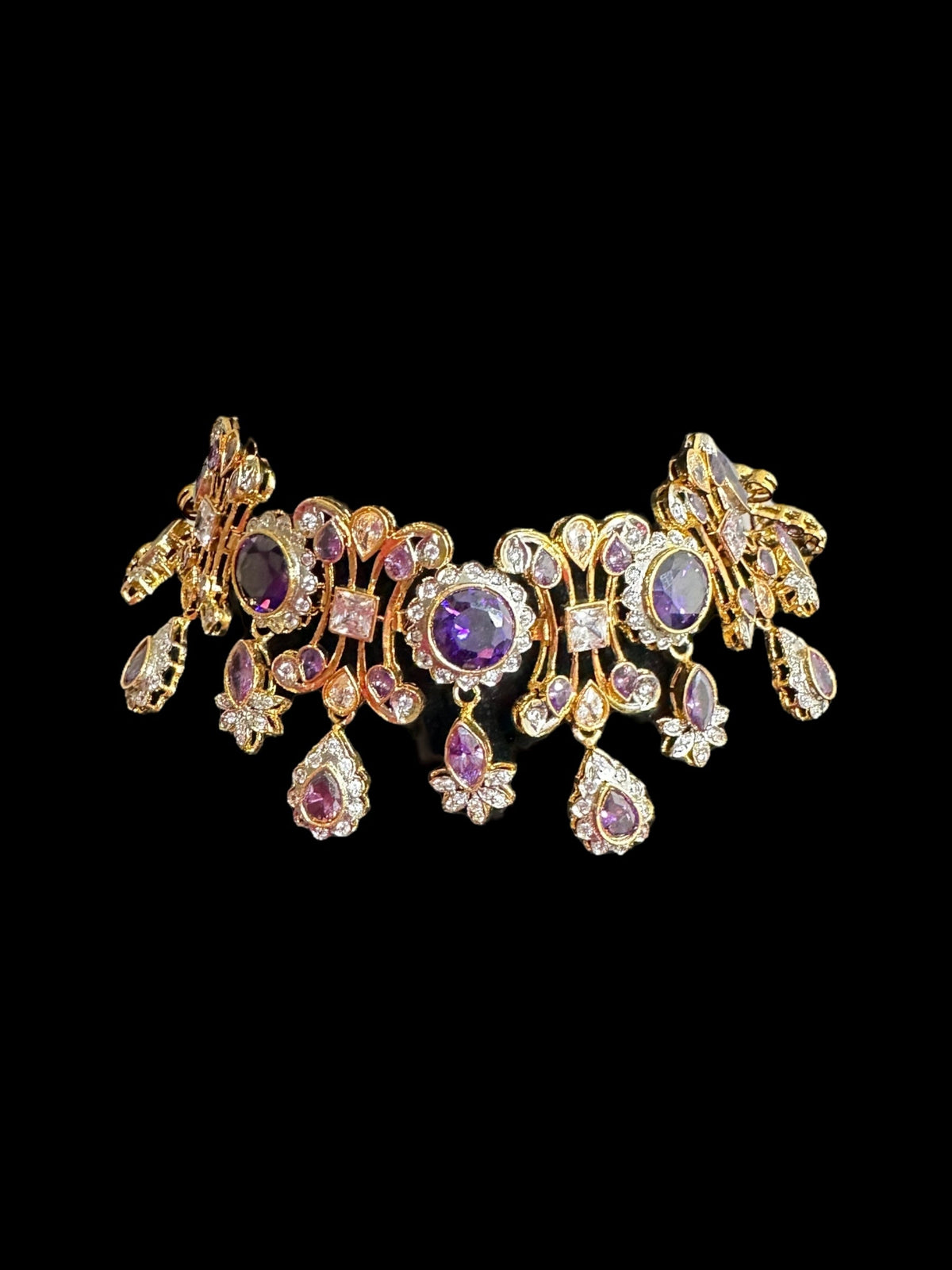 BR473 High quality cz  necklace set with tika - purple, Gold plated ( READY TO SHIP )