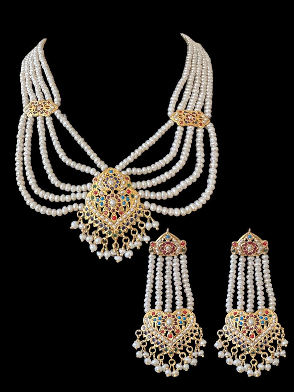 Navratan gold plated silver necklace with earrings in fresh water pearls ( SHIPS IN 5 WEEKS  )