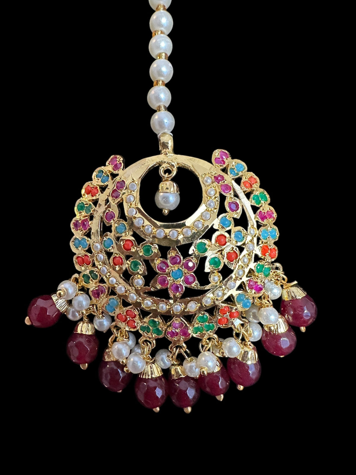 DJET83 Dafiya Gold Plated Chandbali Earrings & Tika Set in Navratan | Ready to Ship | Deccan Jewelry
