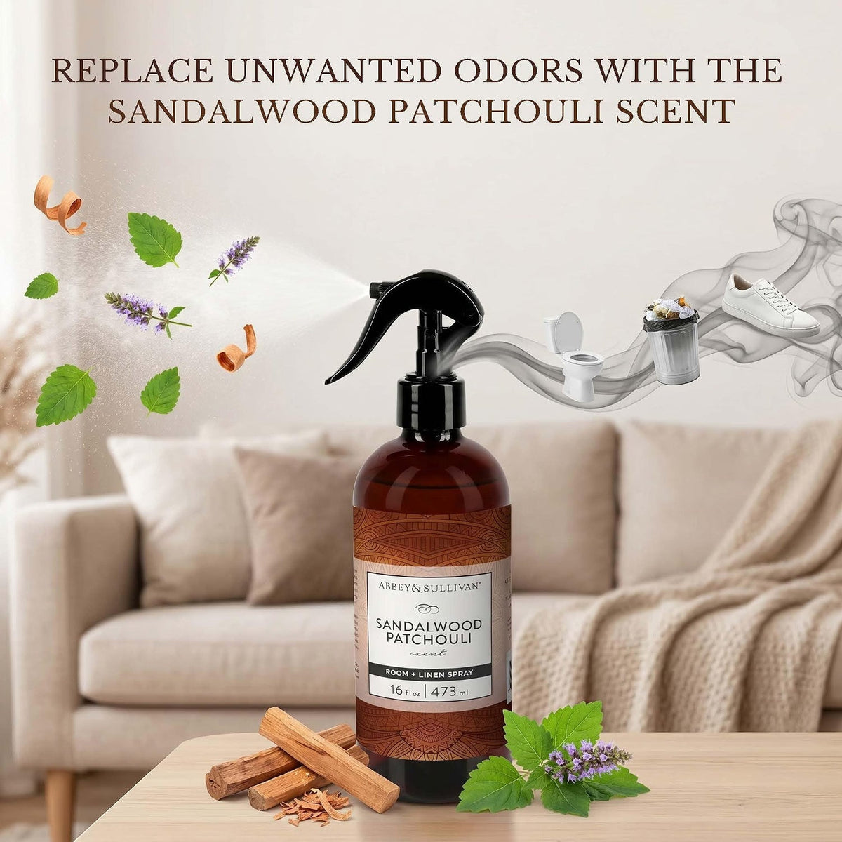 Abbey & Sullivan Odor Eliminating and Refreshing Linen and Room Spray, Sandalwood Patchouli, 16 oz
