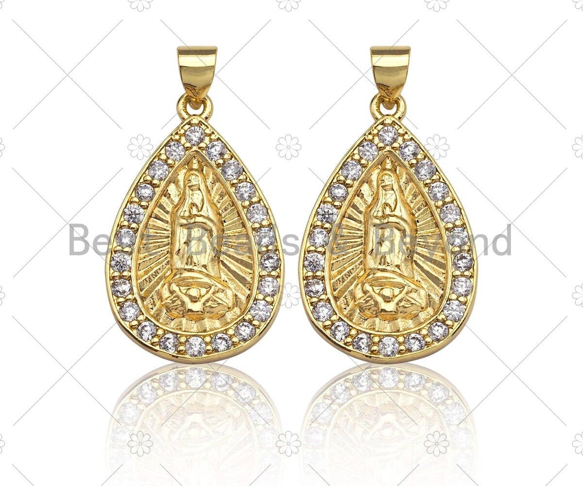 18K Gold Virgin Mary On Teardrop Emblem Shape Pendant,  Sku#F1148C
