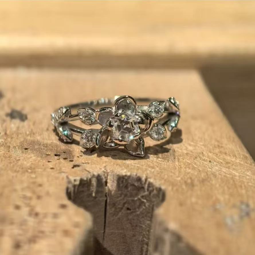 Vintage Sakura Flower Open Ring With Cubic Zirconia, Dainty Silver Plated Adjustable Band For Women
