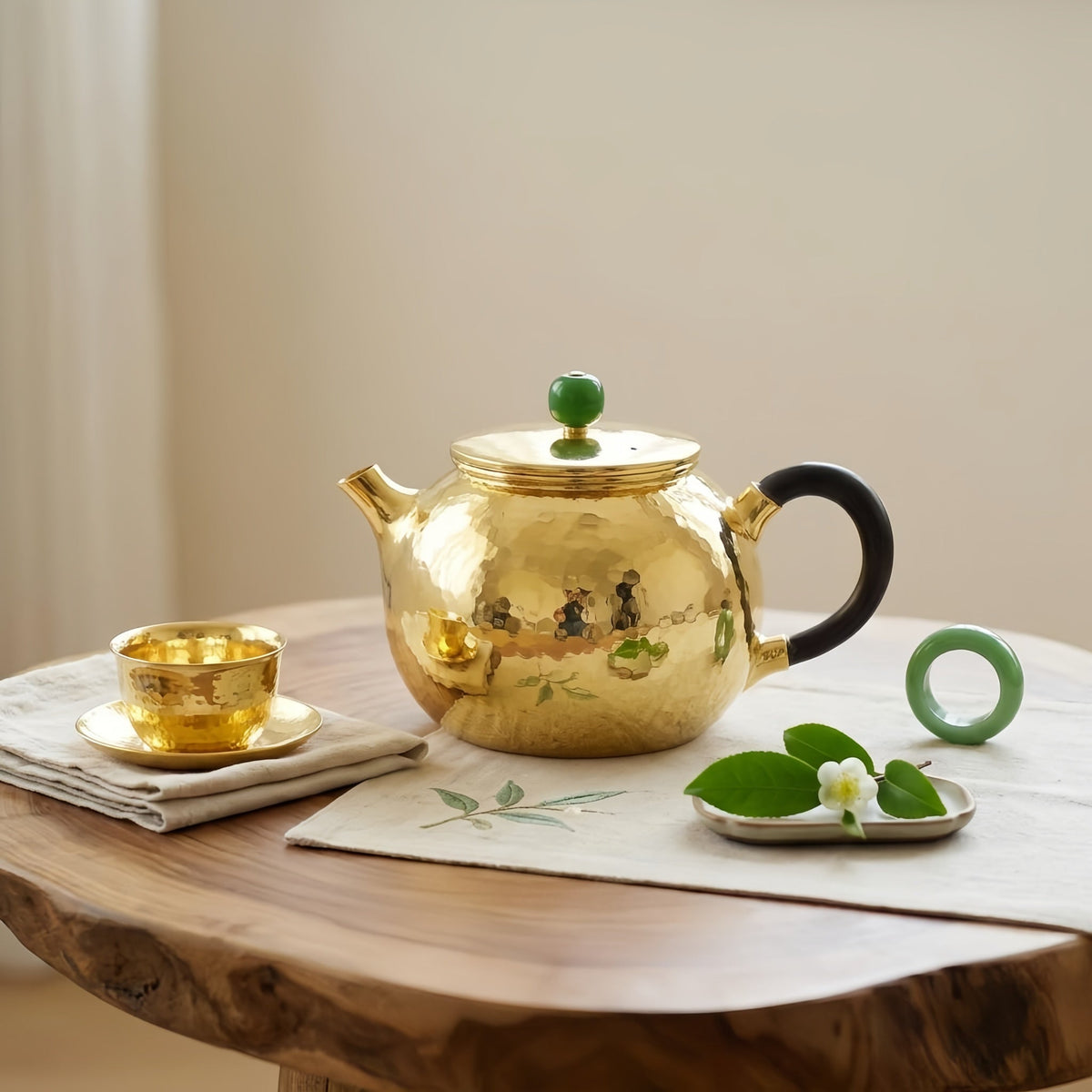 Pure 999 Fine Silver Hammered Metallic Teapot Featuring Green Jade Finial and Elegant Dark Wood Handle - Handicraft