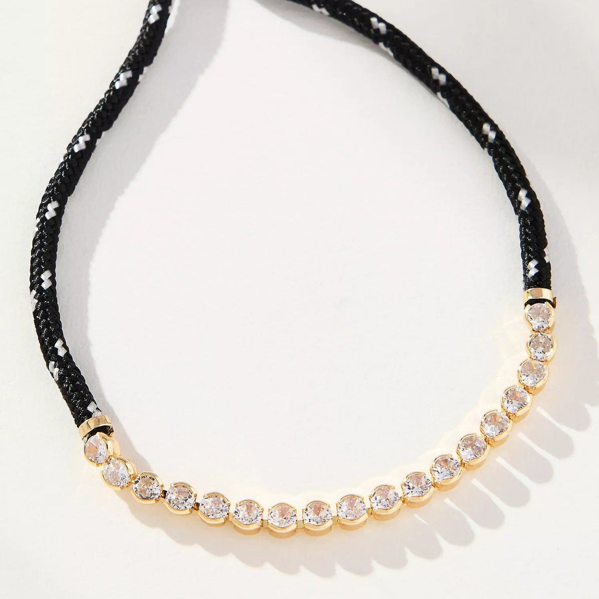 Off-white Brown-striped Woven Necklace With Diamond-encrusted Gold Chain
