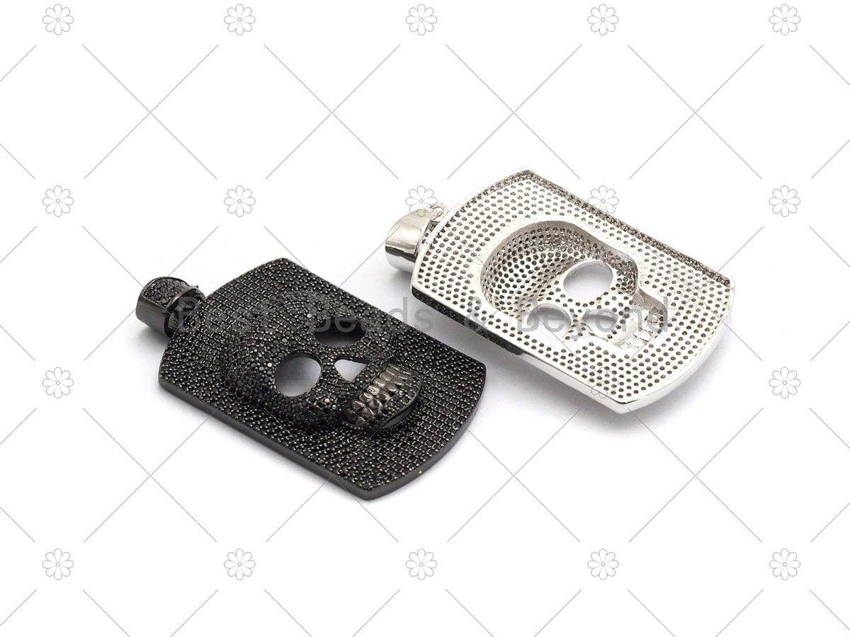 CZ Micro Pave Embossment Skull On Rectangle Shape Pendant,Cubic Zirconia Large Skull Charm, Necklace Bracelet Charm, 50x30mm, Sku#F667