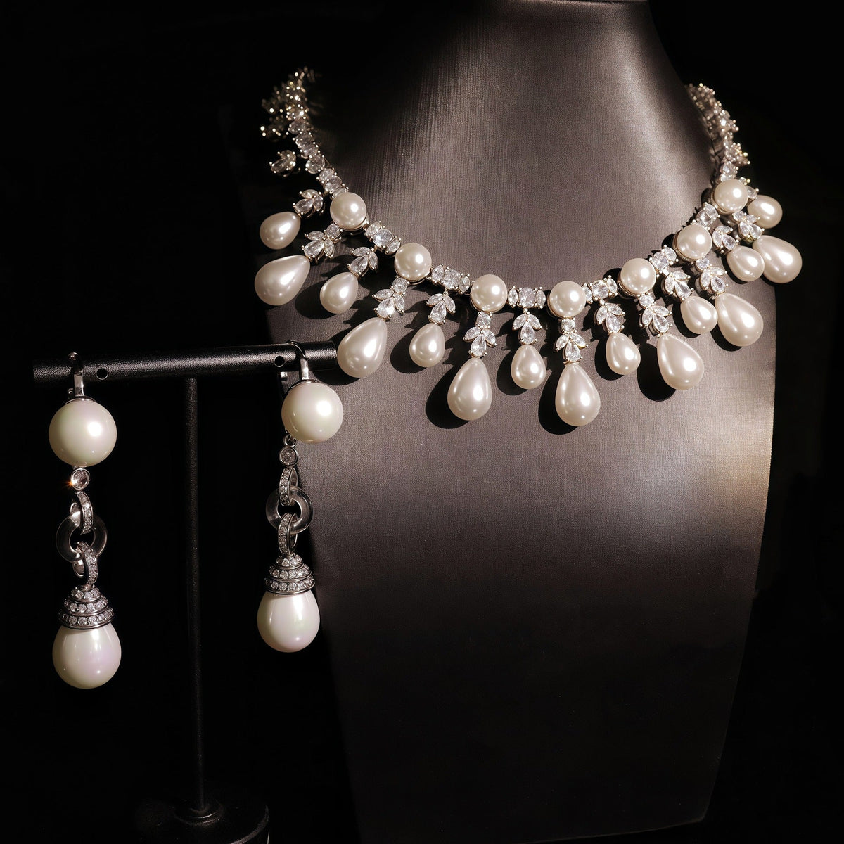 Chic Clavicle-Length Necklace And Gold-Plated Zircon Pearl Earrings Jewelry Set