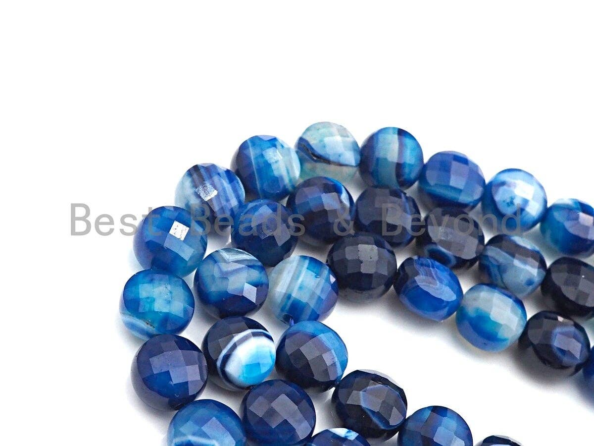 SPECIAL Double Sided Turtle Shell Cut Natural Blue Agate Coin Shape beads, 8mm/10mm Checkerboard Cut Agate Beads, 16" Full strand, Sku#U749