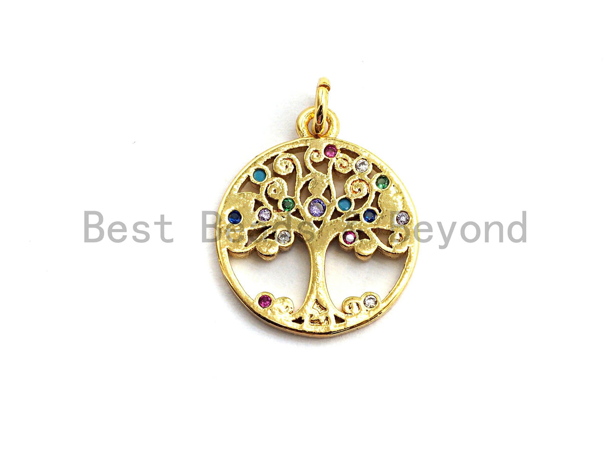 CZ Colorful Micro Pave Round With Tree Pendant, Tree Pave Pendant/Charm, Gold plated, 14x16mm, Sku#F759