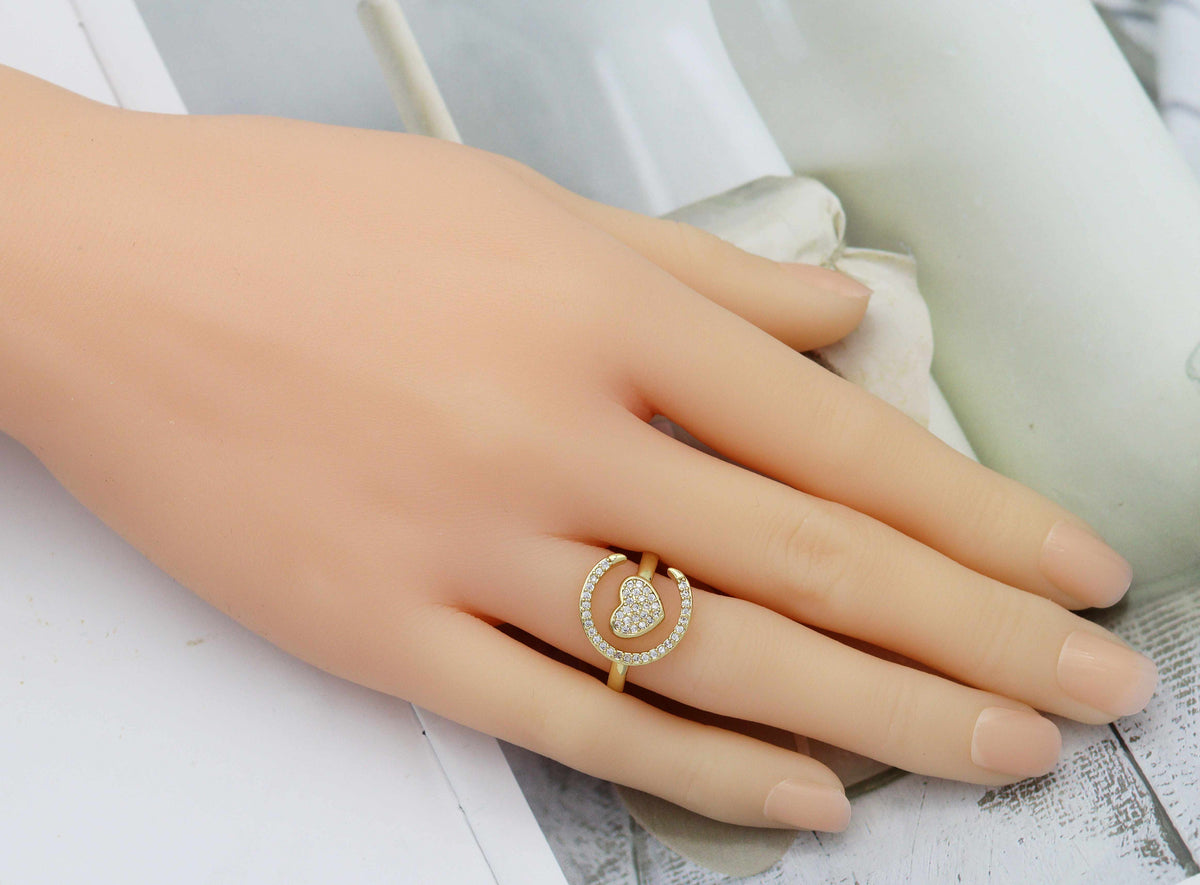 CZ Gold Heart Moon  Ring, Sku#LD320