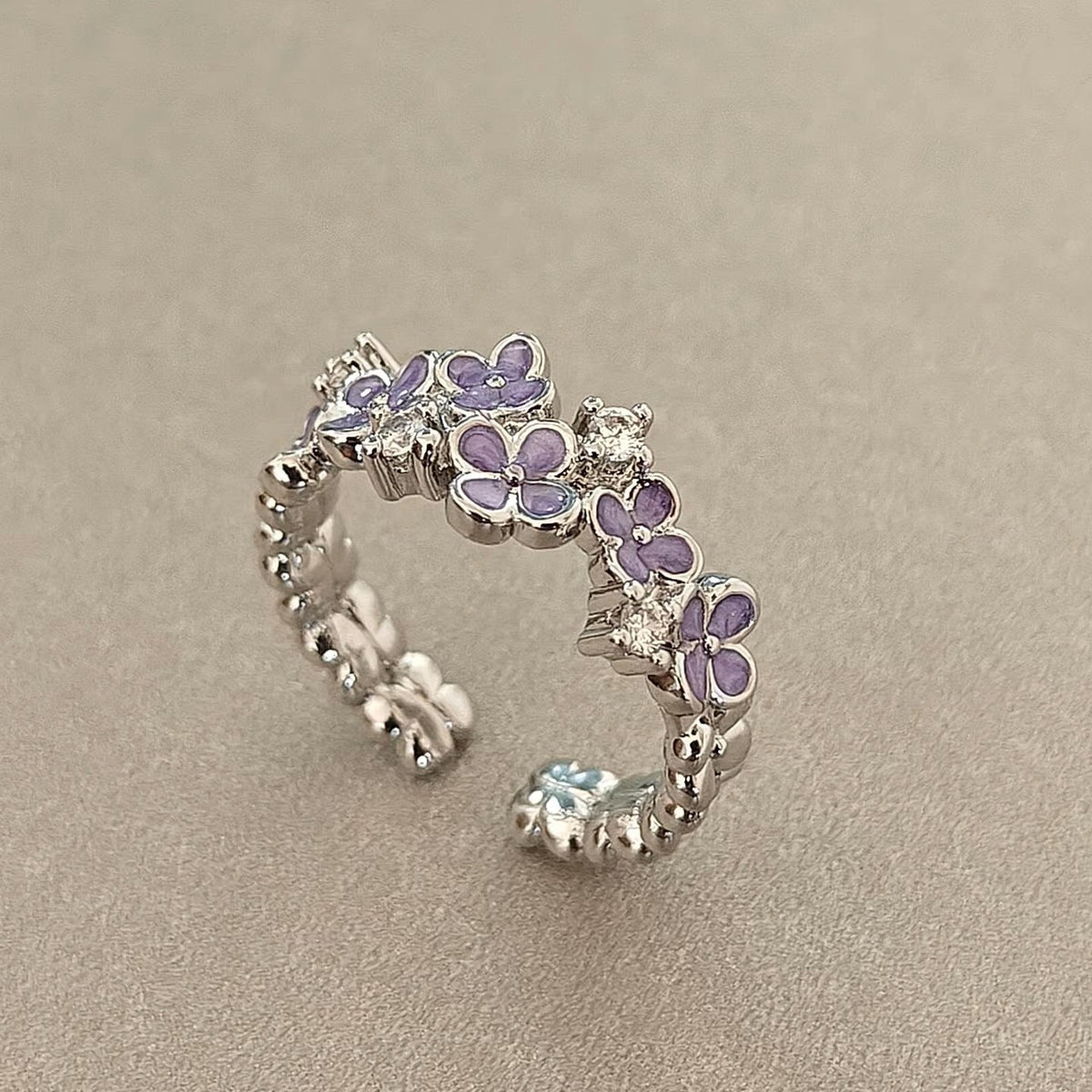 Sweet Cool Purple Flower Ring For Women, Ins Style, Niche Design, Elegant & Light Luxury, Adjustable Opening Band, Personalized Index Finger Ring