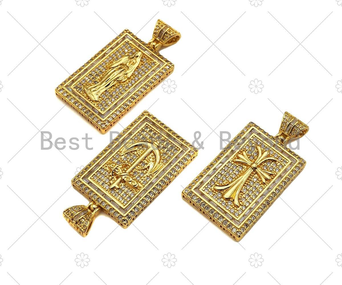CZ Micro Pave Virgin Mary Cross Anchor On Rectangle Charm/Pendant,Rectangle Pave Pendant, 24x47mm,Sku#LD20