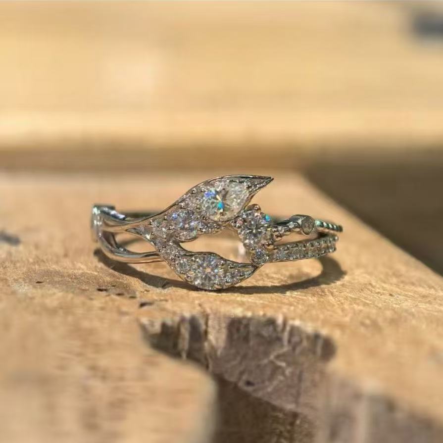 Vintage Sakura Flower Open Ring With Cubic Zirconia, Dainty Silver Plated Adjustable Band For Women