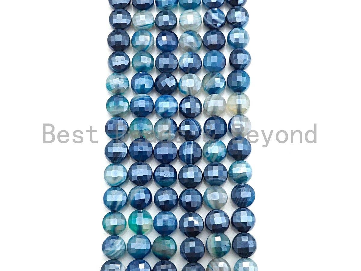 Mystic Plated Turtle Shell Cut Natural Agate Coin Shape beads, 6mm/8mm/10mm Blue Banded Agate Beads, 15.5" Full strand, Sku#UA31