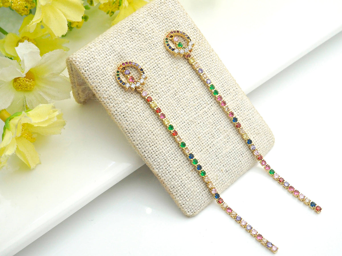 Gold Clear Silver Rainbow Long Strip Dangle Earrings, J223
