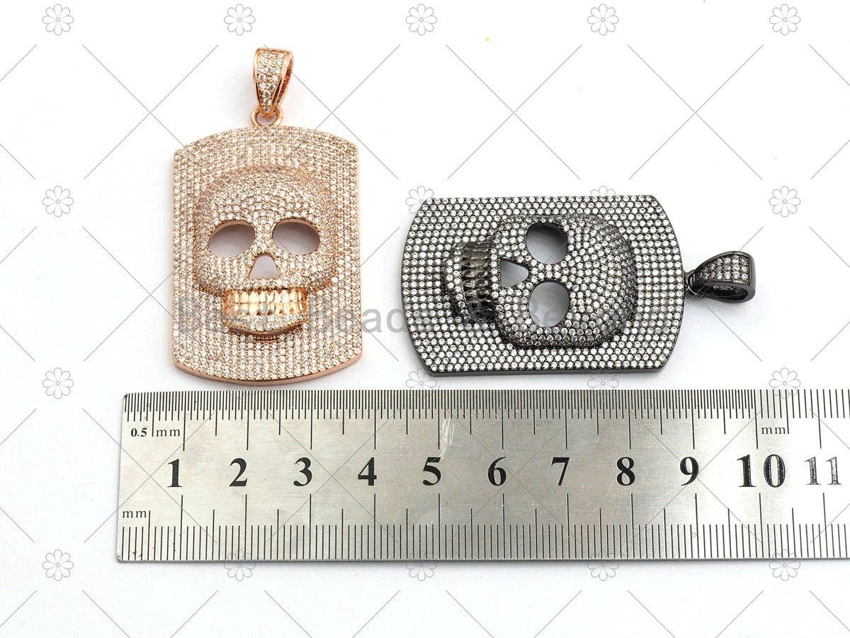 CZ Micro Pave Embossment Skull On Rectangle Shape Pendant,Cubic Zirconia Large Skull Charm, Necklace Bracelet Charm, 50x30mm, Sku#F667