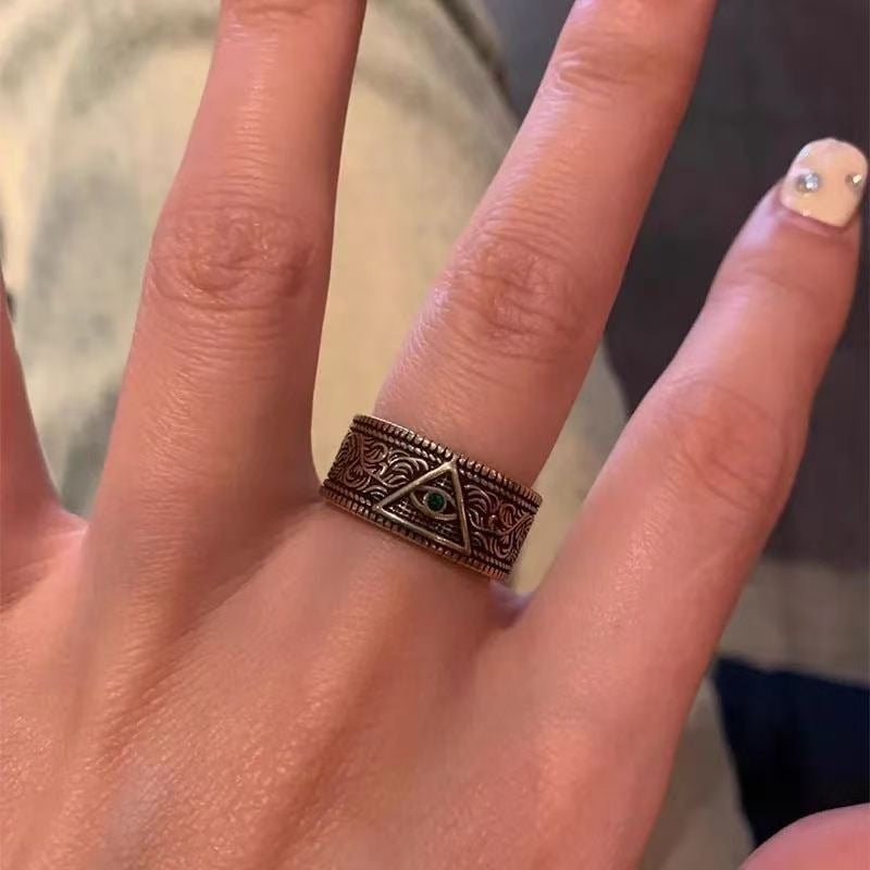 Vintage Distressed Chain Blue Zircon Open Ring, Unisex Niche Design Jewelry