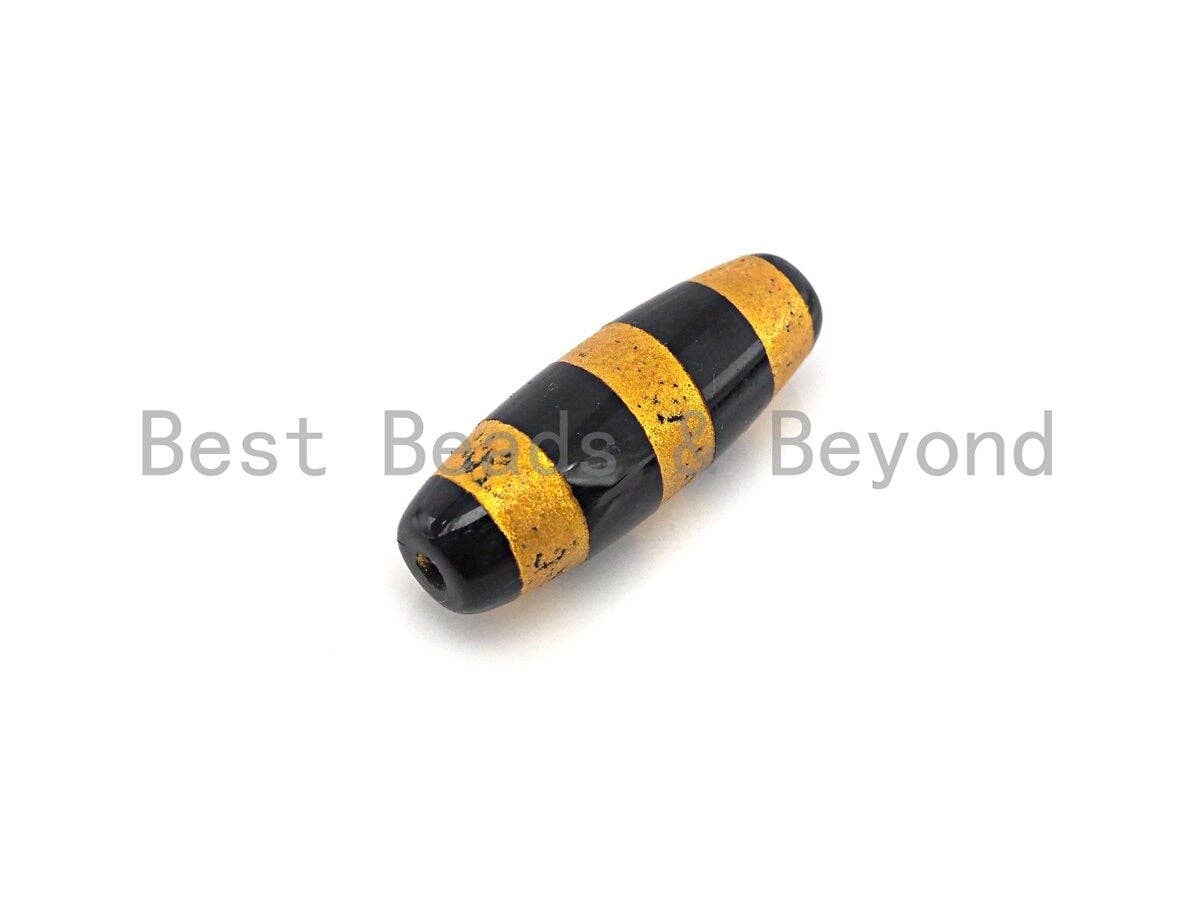 Natural Tibetan Agate Long Oval Shape Beads, Black Gold Dzi beads, Barrel Agate Beads, 10x30mm, sku#U590
