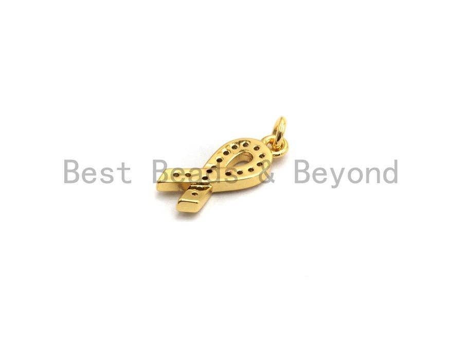 CZ Micro Pave Awareness Ribbon Charm ,Gold/Silver/Black/Rose Gold,Cubic Zirconia Jewelry Findings, Cancer Fighting Charm, 6x16mm,sku#F650