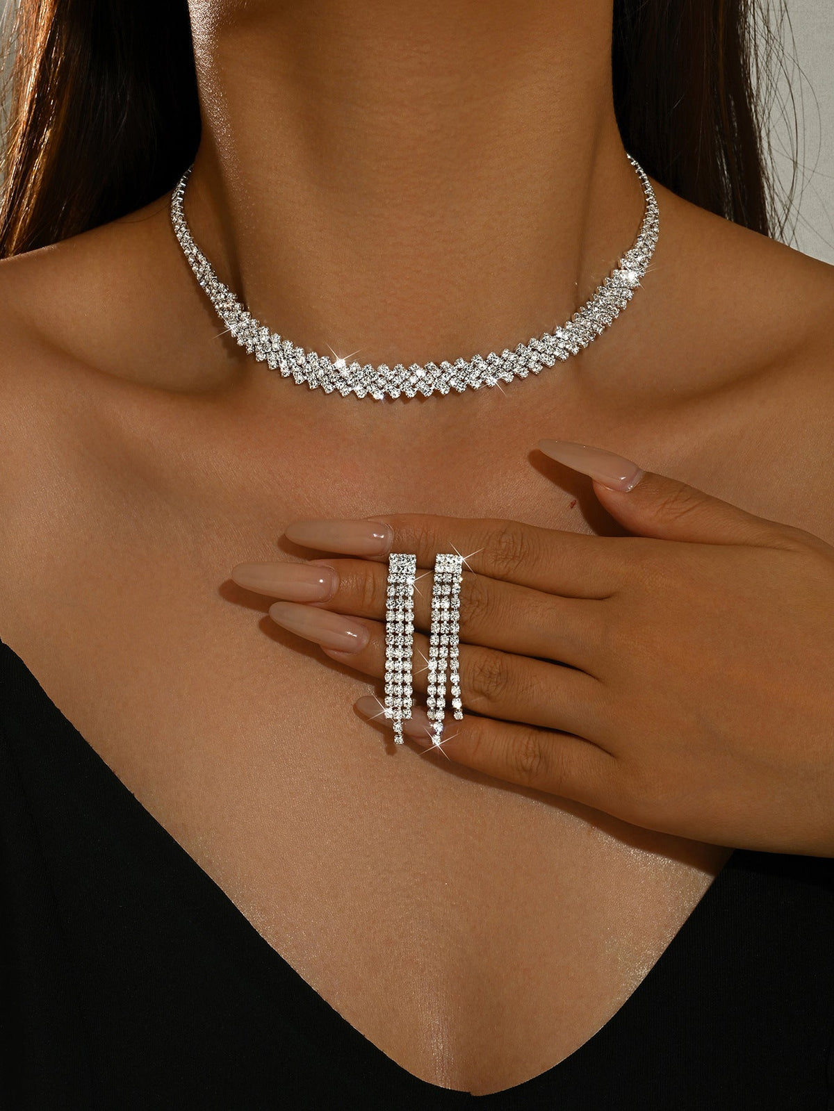 Women 2 Pcs Simple Rhinestone Jewelry Set,Choker Necklace And Earrings,Shiny Costume Accessories For Daily Party Occasion