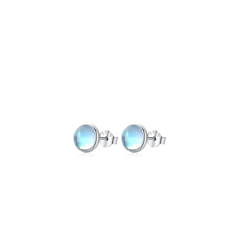 Stacking Round Moonstone Stud Earrings in Sterling Silver – Minimalist Korean-Inspired Jewelry