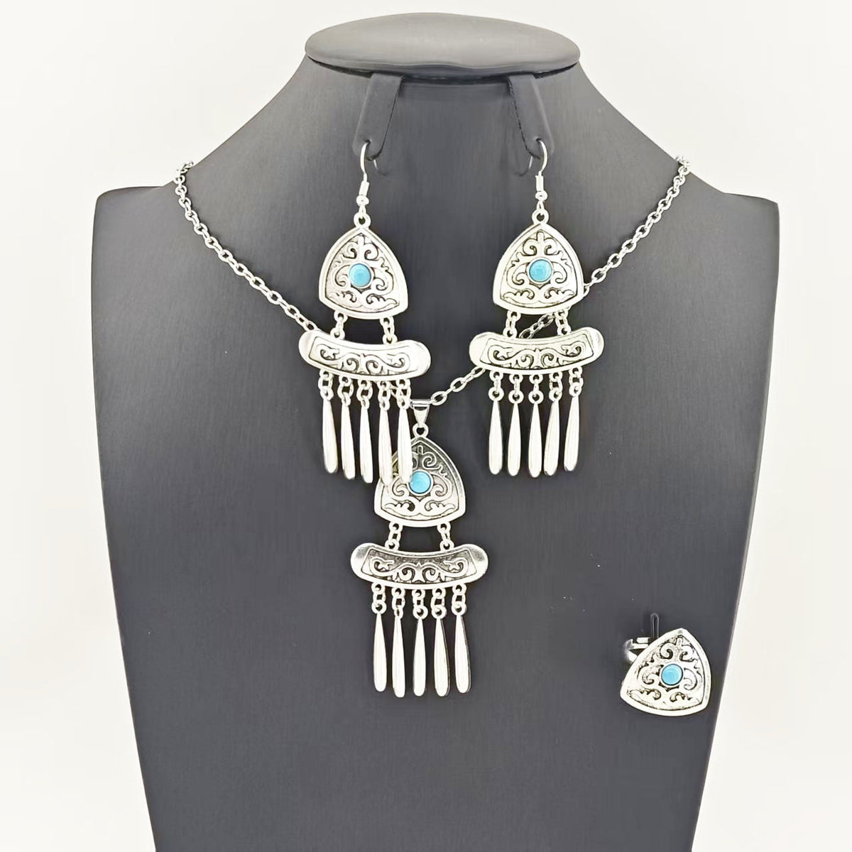 Vintage Bohemian Ethnic Long Tassel Jewelry Set - Retro Exotic Necklace Earrings Ring Set For Women
