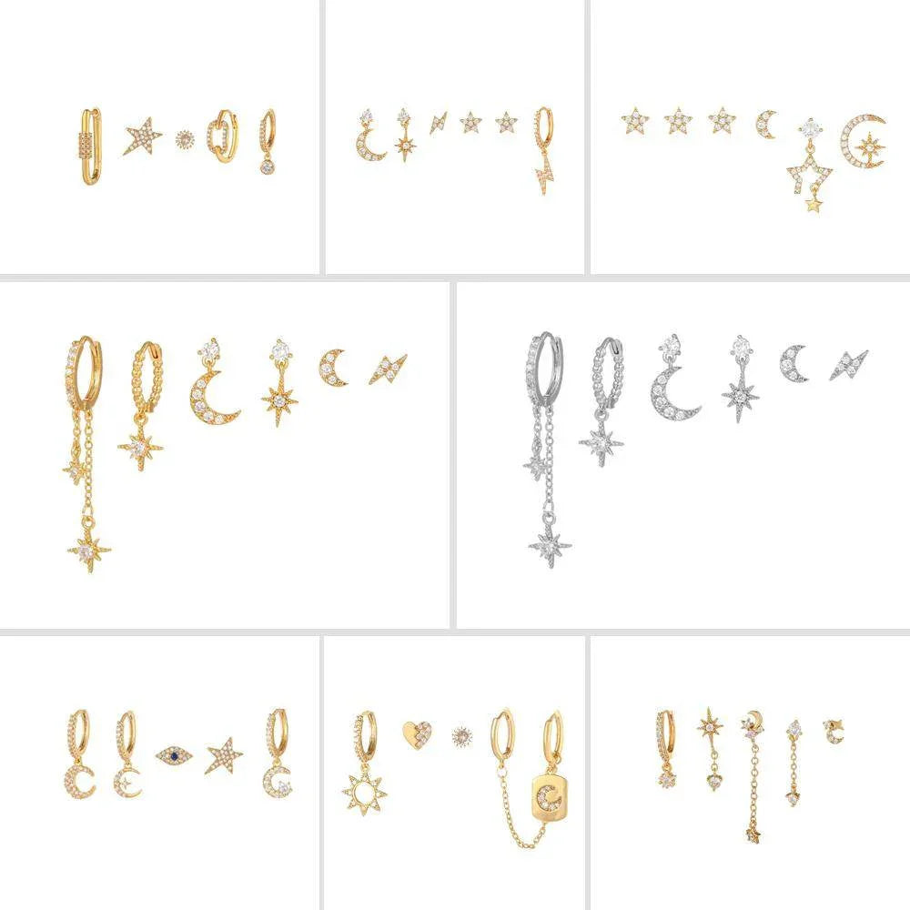 Stacking 6 Pieces Starry Lightning Earring Set,18k Gold Plated Stud Drop Hoop, S925 Needle, Stacked Lobe Designs with Dazzling Zirconia