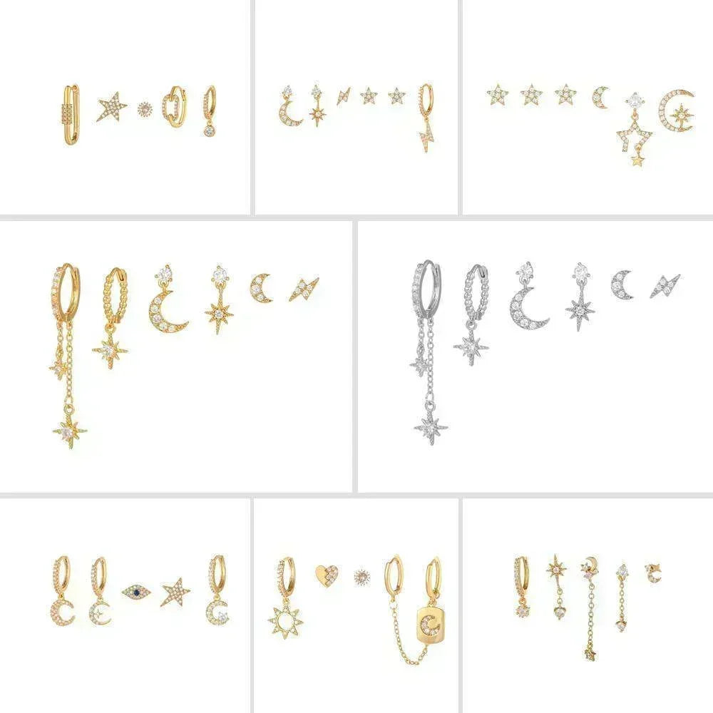 Stacking 6 Pieces Geometric Prism Drops Earring Set, 18k Gold Hoop with Drops, S925 Needle, Stacked Lobe Designs with Dazzling Zirconia