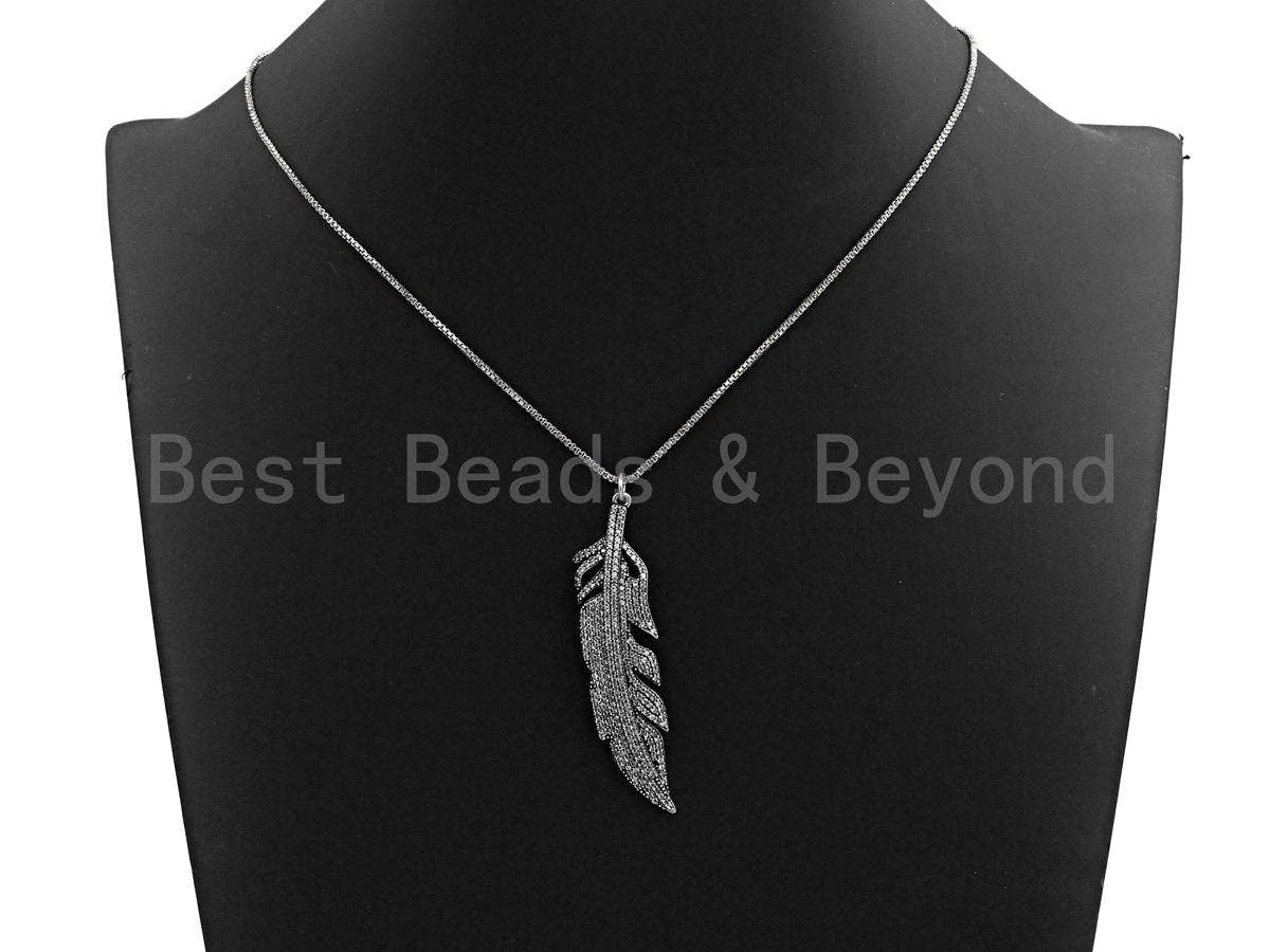 CZ Micro Pave Feather Pendant, Antique Silver Tone, Clear Cubic Zirconia Big Pave Feather Charm Pendant, 14x58mm,sku#F1011