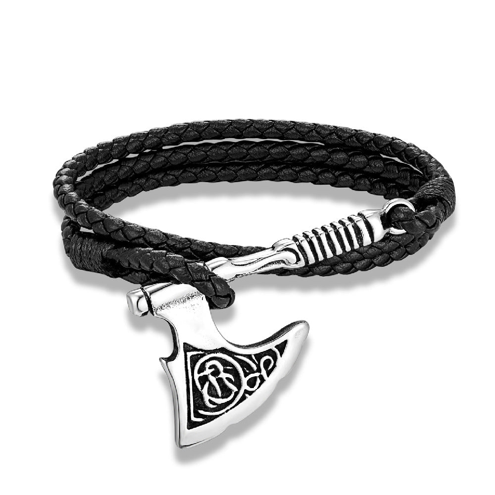 Fashionable And Versatile Leather Rope Bracelet With A Genuine Leather And Stainless Steel Axe Pendant