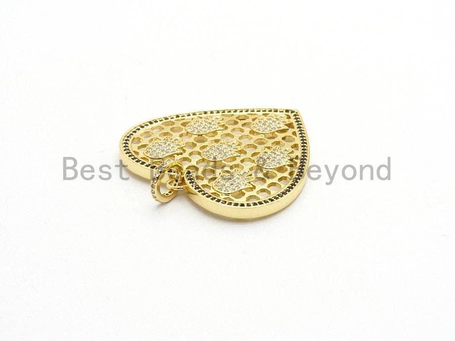 CZ Micro Pave Heart Pendant with hamsa hand, Large Heart Shaped Pendant, Hamsa Hand,Gold/Rose Gold/Silver/Gunmetal plated, 40x41mm, Sku#F558