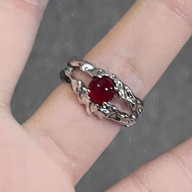 Gothic Cross Red Zircon Open Ring - Y2K Subculture Jewelry
