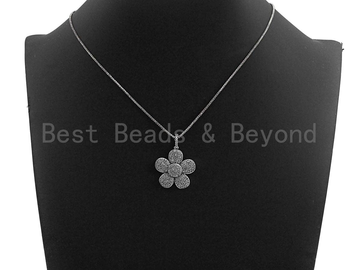 Antique Silver CZ Micro Pave Flower Pendant, Antique Silver Tone, Cubic Zirconia Pave Daisy Flower Charm Pendant, 24x26mm,sku#F1031