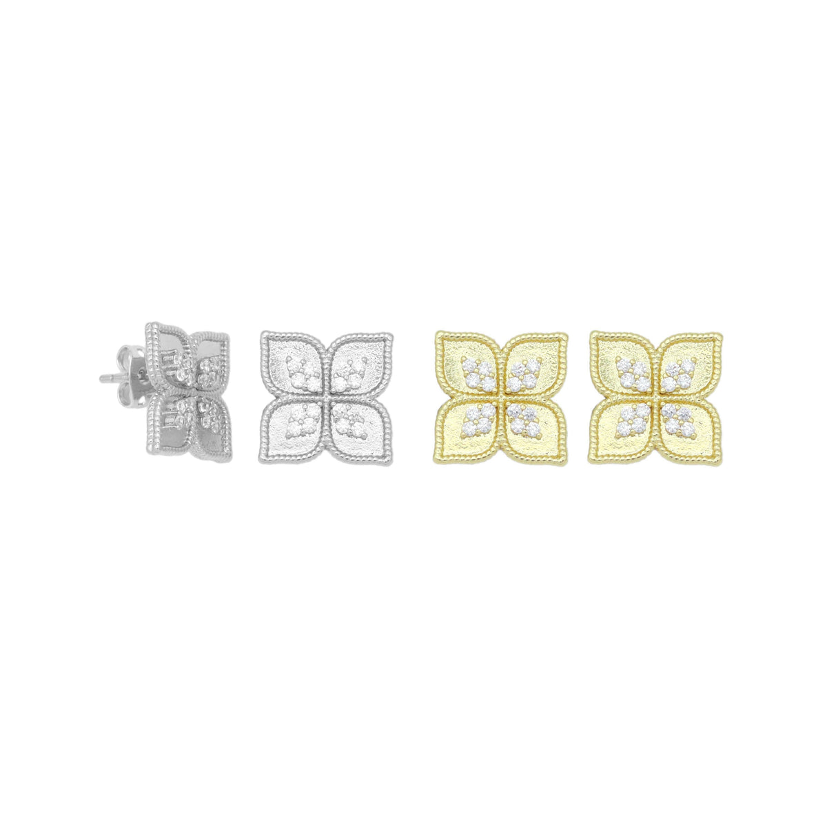 Clear CZ Gold Silver Flower Stud Earrings, Sku#A405