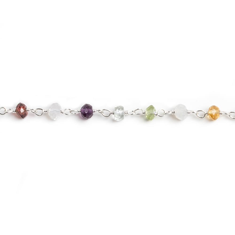 3mm Multi Gemstone faceted rondelle .925 Silver Chain by the foot 33 beads