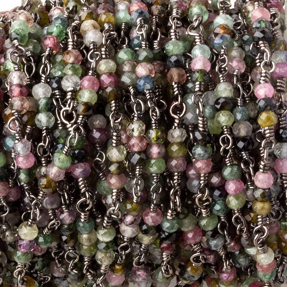3mm Multi Tourmaline micro faceted round Trio Black Gold Chain by the foot 73 beads per