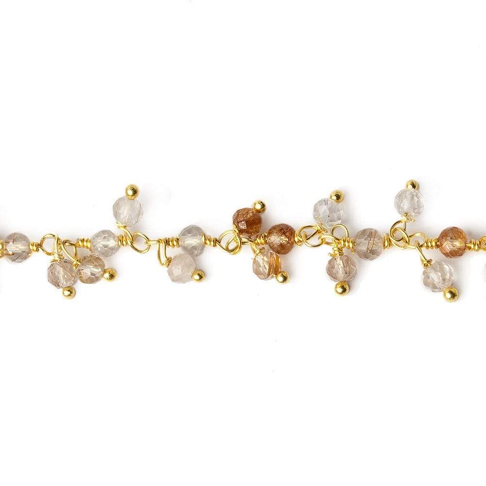 3mm Rutilated Quartz micro-faceted round Gold Dangling Chain by the foot