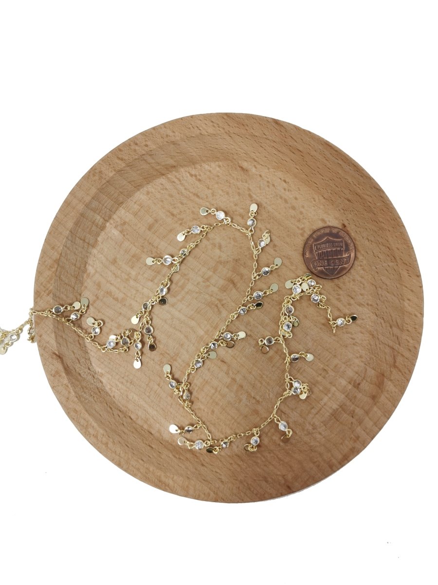 3mm Thick Micro Pave Circle, 16K Gold Rolo CABLE Chain by Yard, CZ Round Disc Charm Chain, CZ Charm size 6x3mm Disc 4x3mm, DESIGNED Chain | ROLL-008 Clearance Pricing