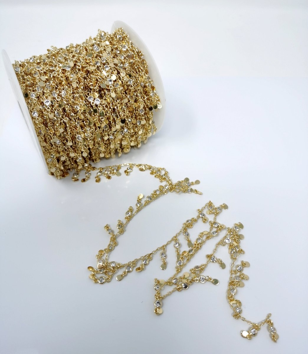 3mm Thick Micro Pave Circle, 16K Gold Rolo CABLE Chain by Yard, CZ Round Disc Charm Chain, CZ Charm size 6x3mm Disc 4x3mm, DESIGNED Chain | ROLL-008 Clearance Pricing
