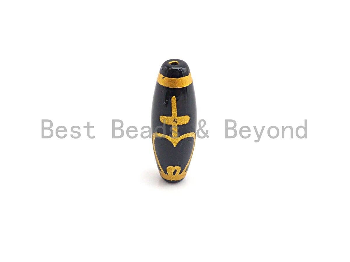Natural Tibetan Agate Long Oval Shape Beads, Black Gold Dzi beads, Barrel Agate Beads, 10x30mm, sku#U584