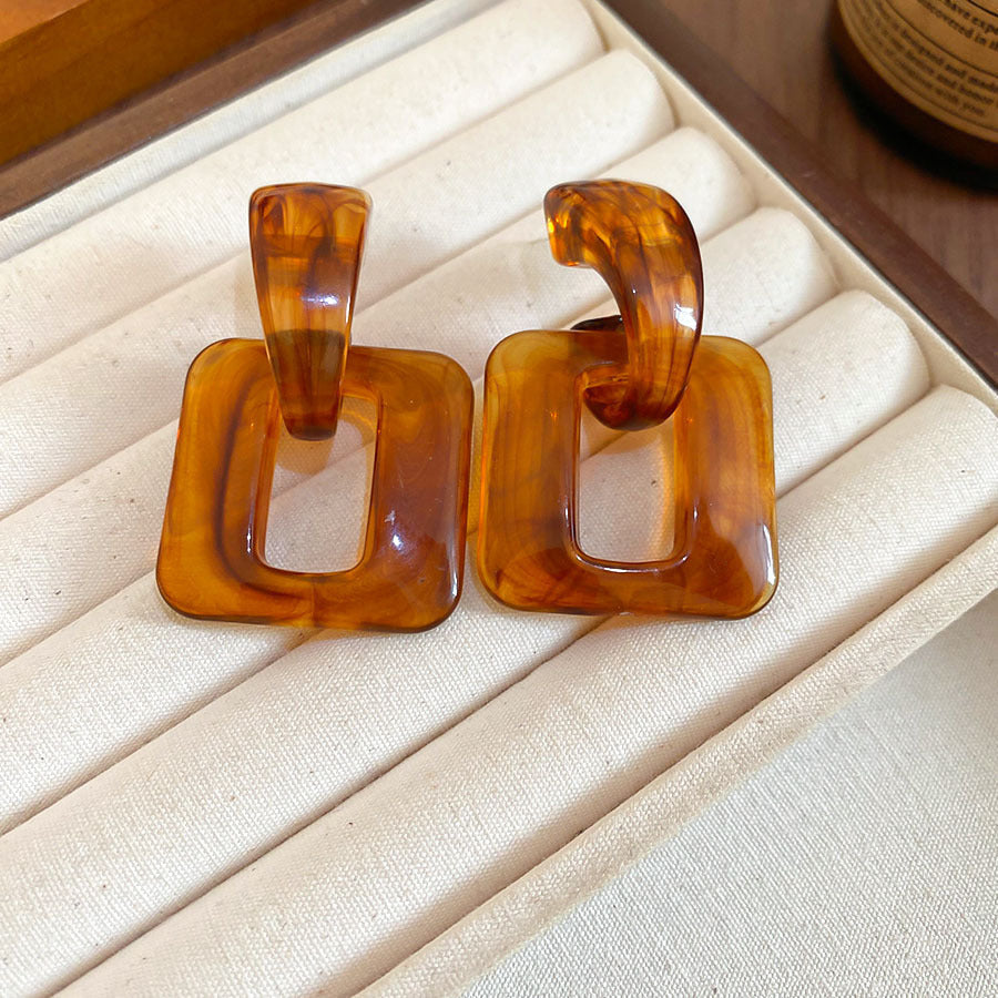 Vintage Maillard Style Wood & Resin Drop Earrings For Women, Gold Tone Twisted Knot Amber Resin Dangle Earrings, Retro Luxury Fashion Jewelry