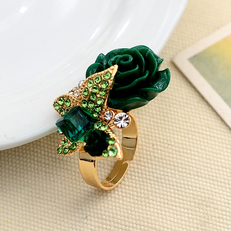 Cross-border Jewelry European And American Retro Butterfly Ring Women's Opening Full Diamond Crystal Rose Flower Ring Bohemian Style